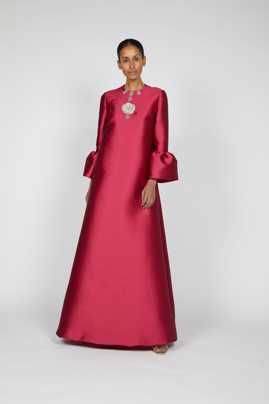 TRUMPET SLEEVED DRESS WITH EMBROIDERY