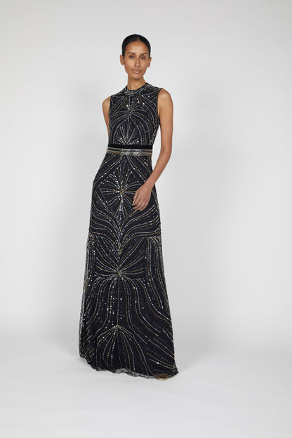 EMBROIDERED GOWN WITH WAIST DETAIL AND KEYHOLE BACK