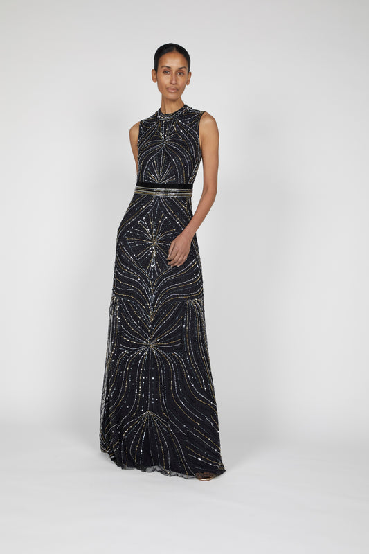 EMBROIDERED GOWN WITH WAIST DETAIL AND KEYHOLE BACK