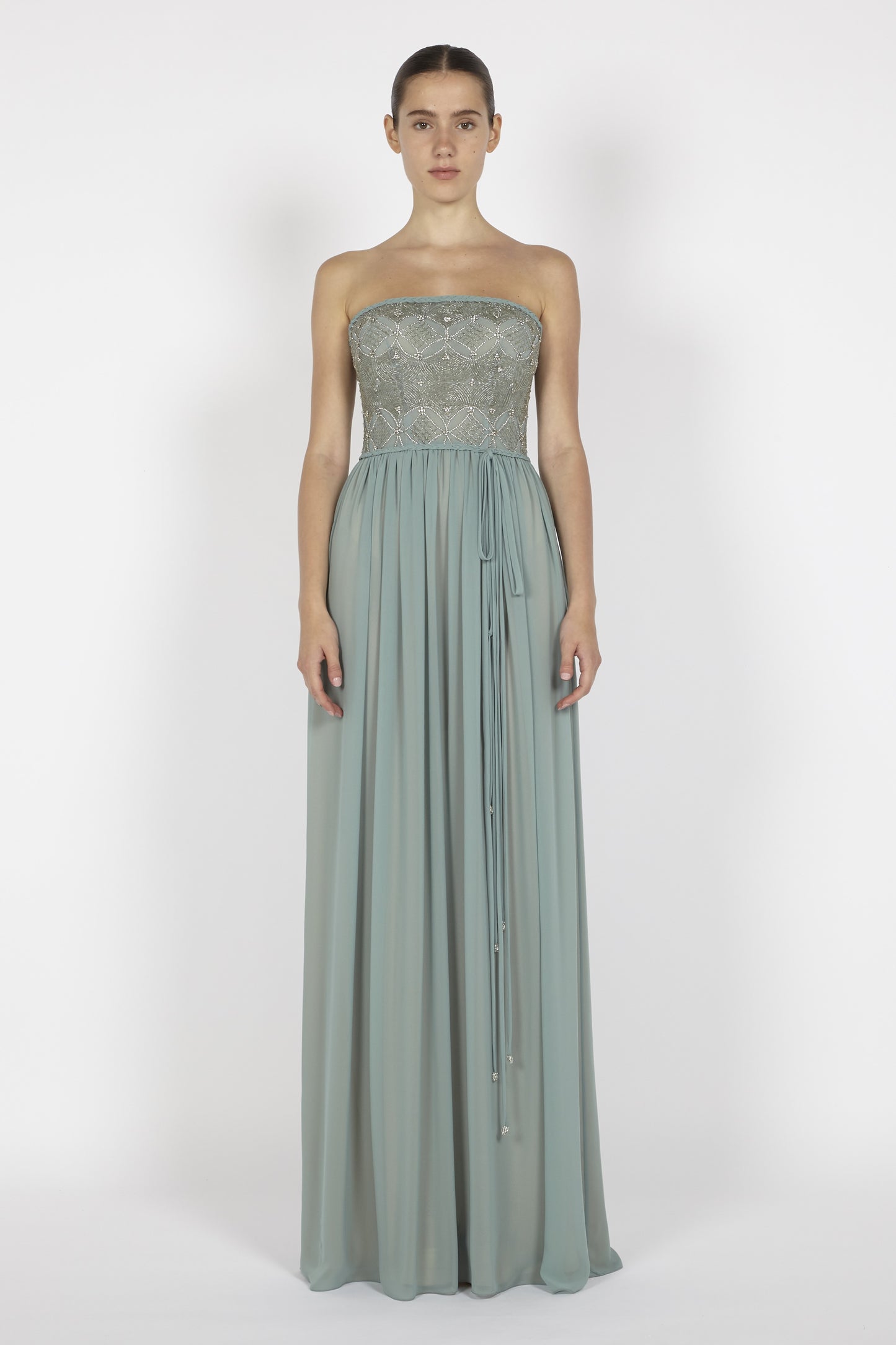 CHIFFON GOWN WITH EMBROIDERED BODICE