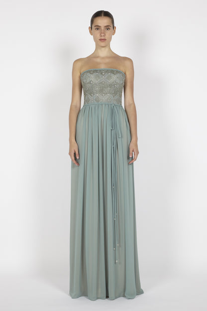 CHIFFON GOWN WITH EMBROIDERED BODICE