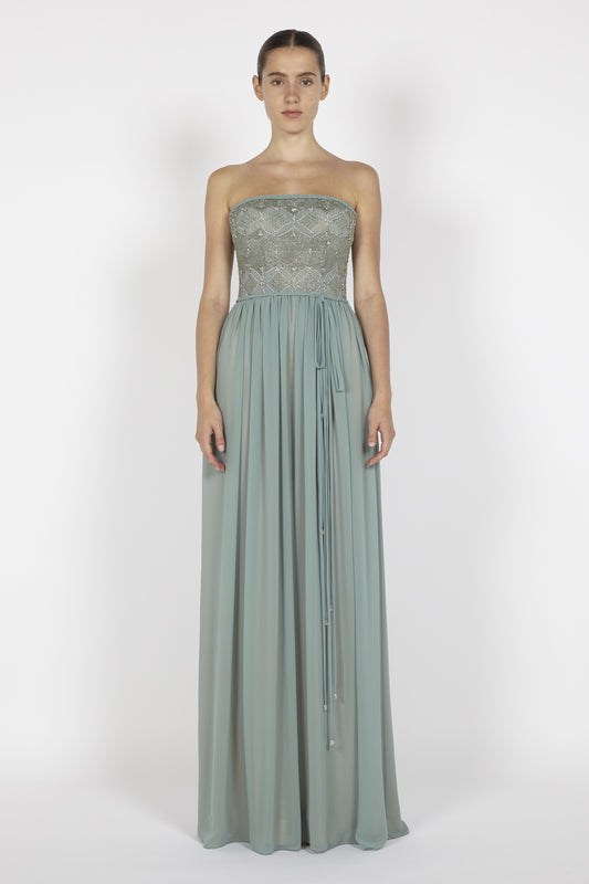 CHIFFON GOWN WITH EMBROIDERED BODICE