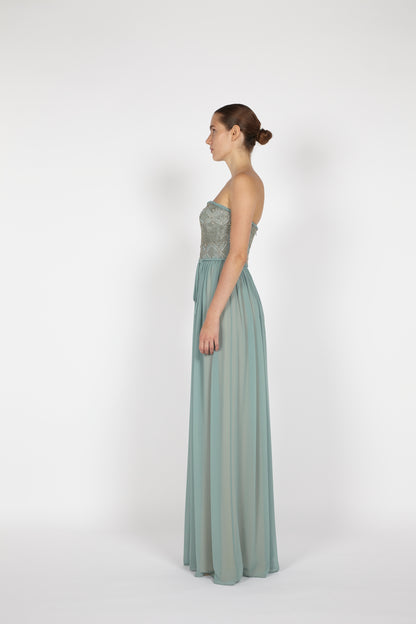 CHIFFON GOWN WITH EMBROIDERED BODICE
