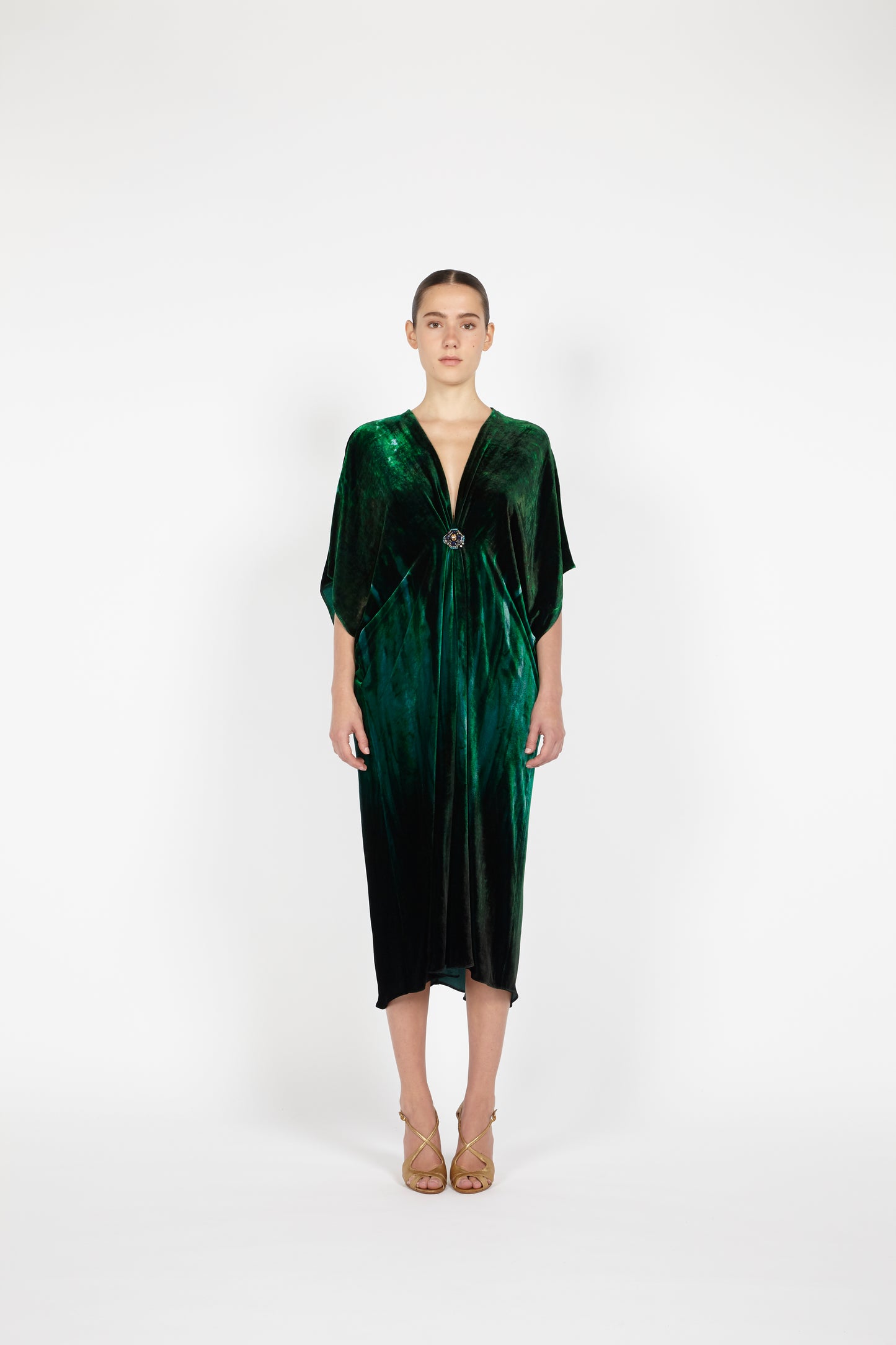 V-NECK MIDI VELVET KAFTAN W/ EMBROIDERED DETAIL