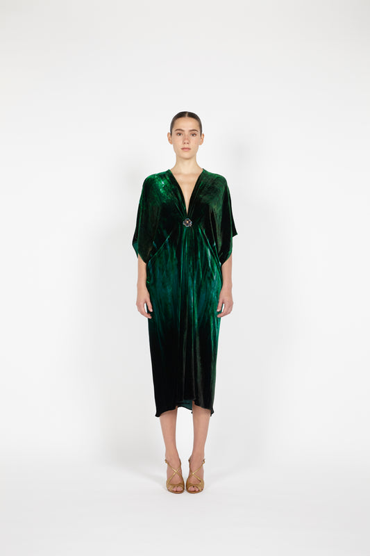 V-NECK MIDI VELVET KAFTAN W/ EMBROIDERED DETAIL