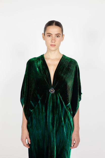 V-NECK MIDI VELVET KAFTAN W/ EMBROIDERED DETAIL