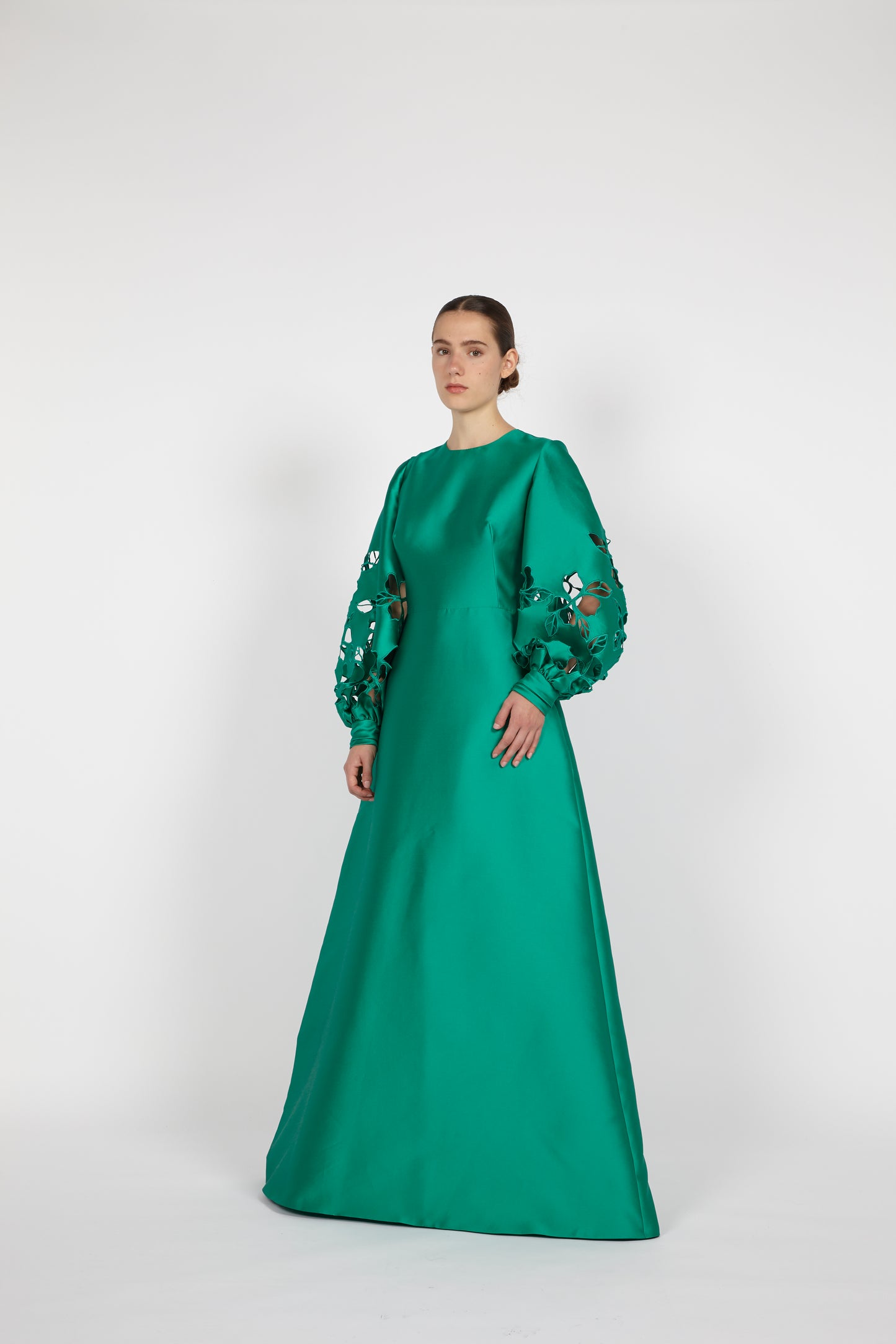 DRESS WITH FLORAL CUT-OUT BISHOP SLEEVES