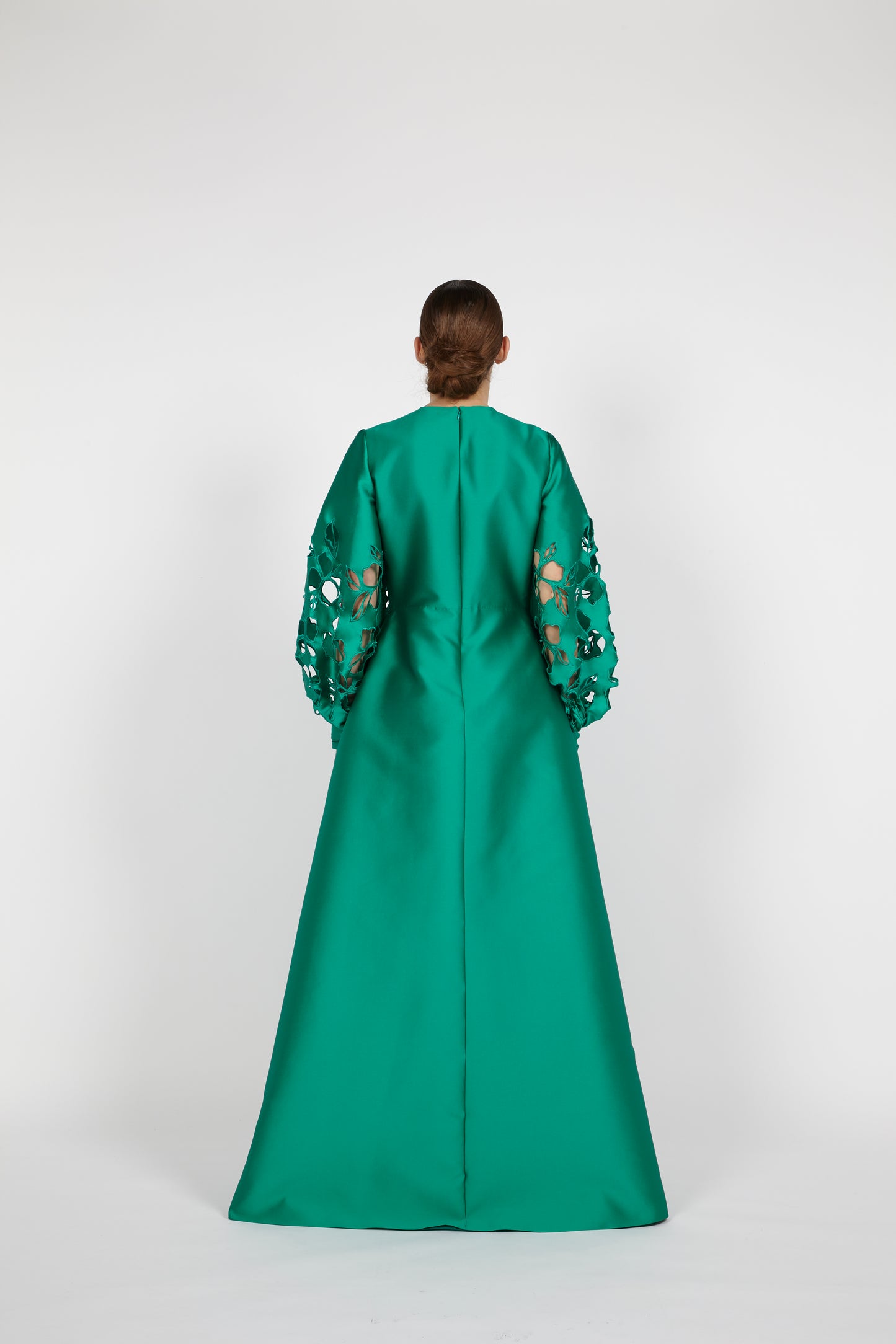 DRESS WITH FLORAL CUT-OUT BISHOP SLEEVES