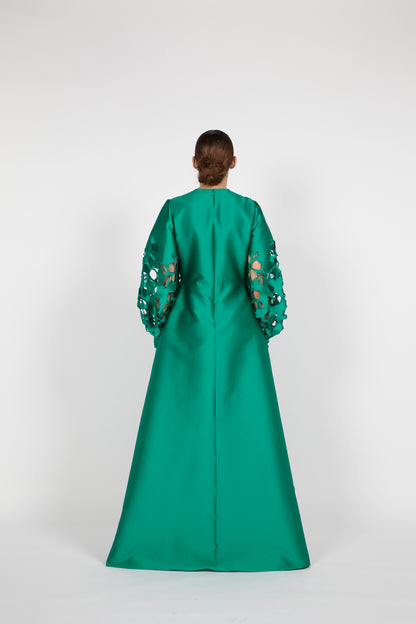 DRESS WITH FLORAL CUT-OUT BISHOP SLEEVES