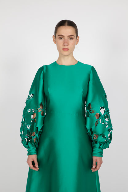 DRESS WITH FLORAL CUT-OUT BISHOP SLEEVES