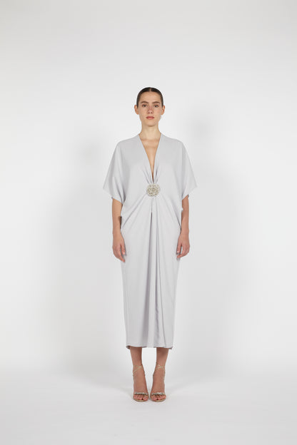 MIDI CREPE KAFTAN W/ EMBROIDERED DETAIL
