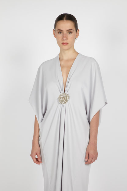 MIDI CREPE KAFTAN W/ EMBROIDERED DETAIL