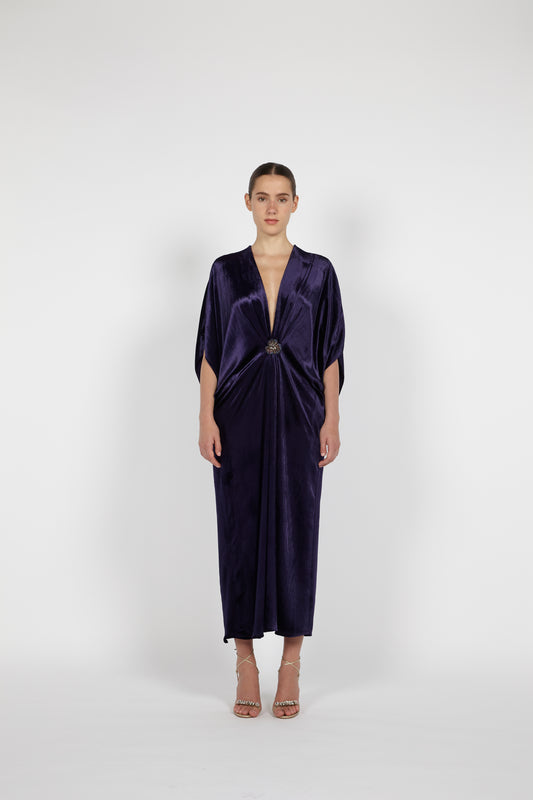 V-NECK MIDI VELVET KAFTAN W/ EMBROIDERED DETAIL