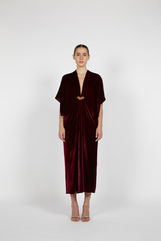 V-NECK MIDI VELVET KAFTAN W/ EMBROIDERED DETAIL