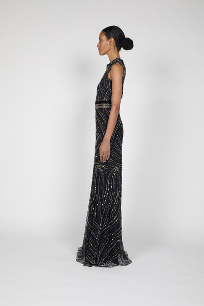 EMBROIDERED GOWN WITH WAIST DETAIL AND KEYHOLE BACK
