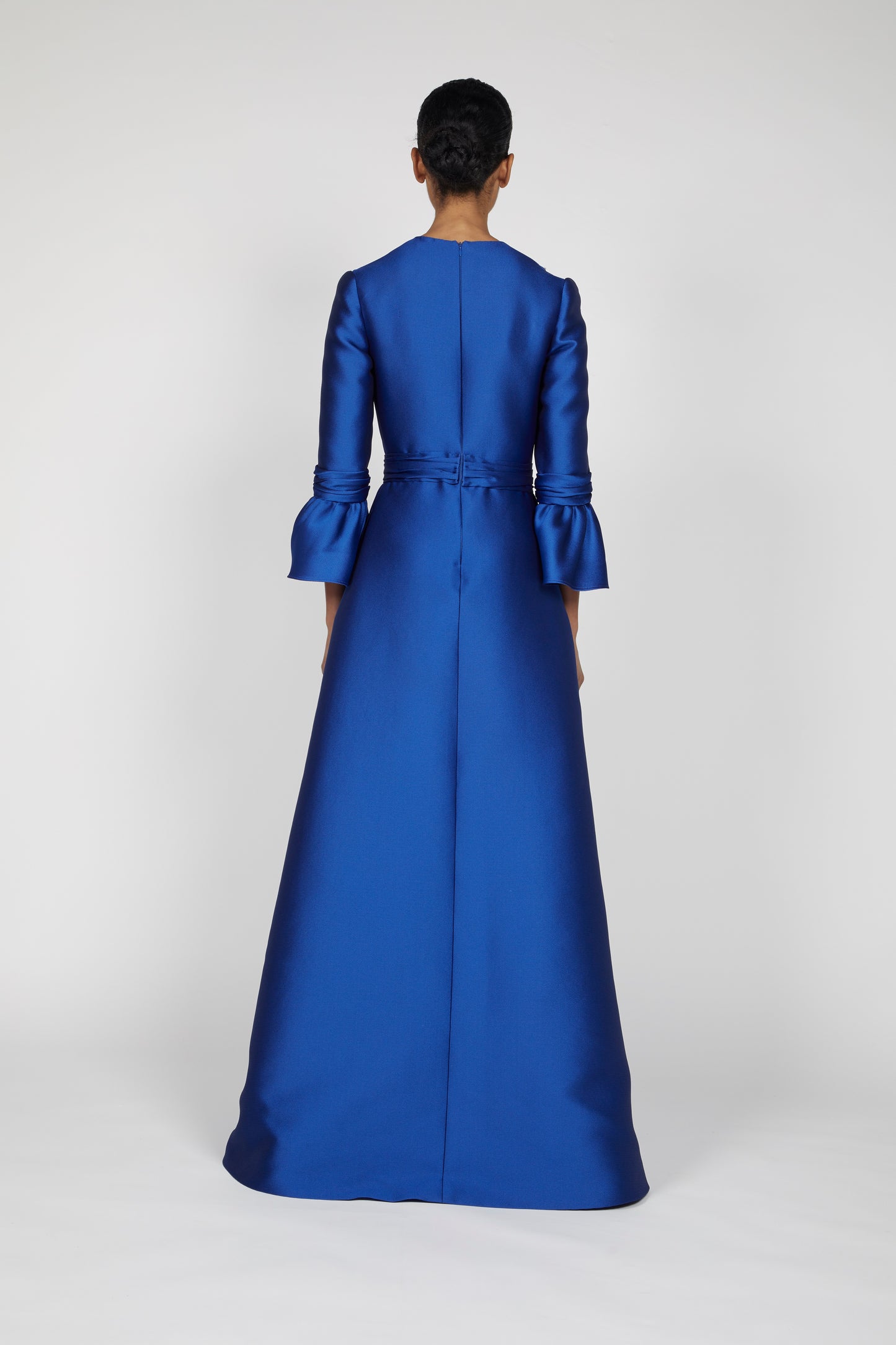 TRUMPET SLEEVED DRESS WITH EMBROIDERED SHOULDER DETAIL