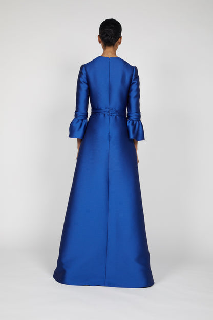 TRUMPET SLEEVED DRESS WITH EMBROIDERED SHOULDER DETAIL