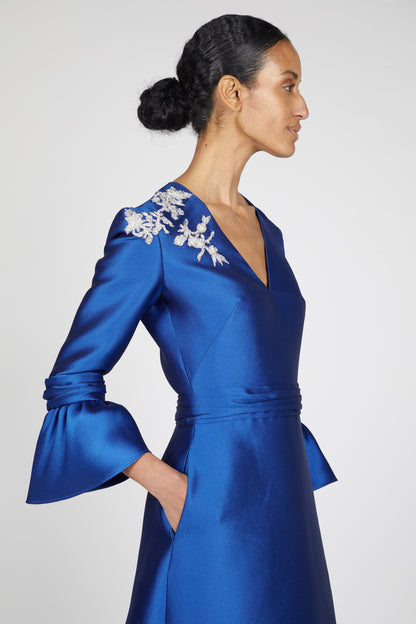 TRUMPET SLEEVED DRESS WITH EMBROIDERED SHOULDER DETAIL