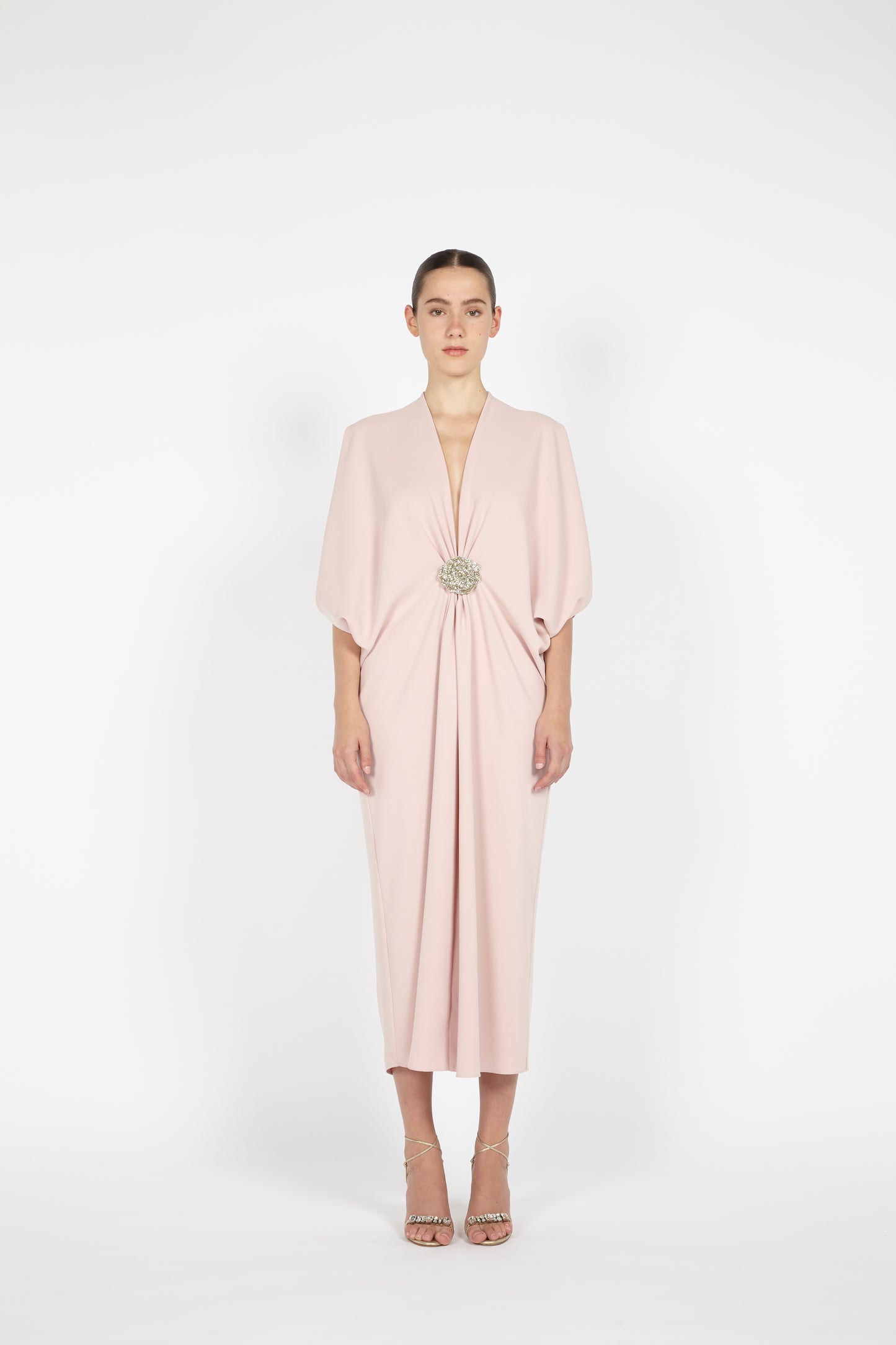 MIDI CREPE KAFTAN W/ EMBROIDERED DETAIL