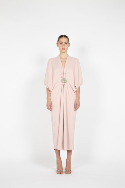 MIDI CREPE KAFTAN W/ EMBROIDERED DETAIL