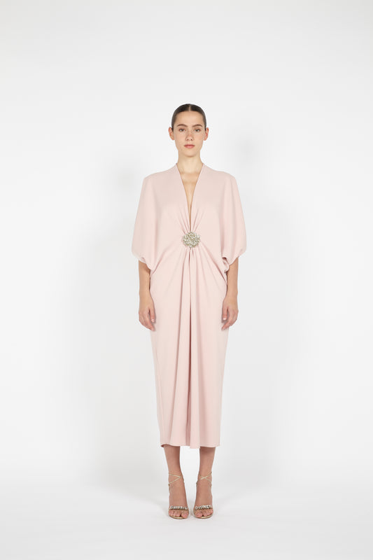 MIDI CREPE KAFTAN W/ EMBROIDERED DETAIL