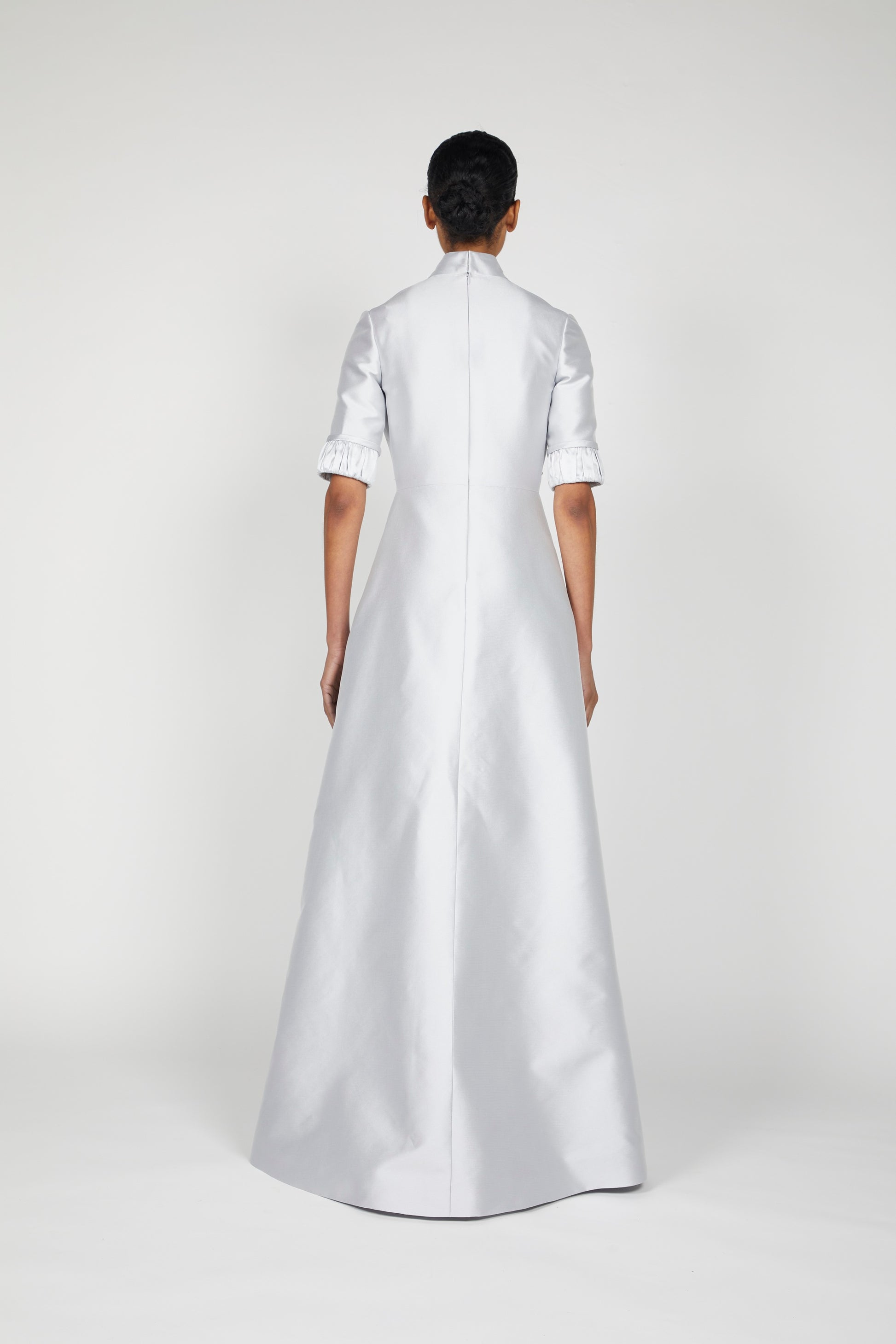 SHIRRED SHORT SLEEVE TEXTURED MIKADO DRESS WITH EMBROIDERED BODICE ReemAcra SHIRRED SHORT SLEEVE TEXTURED MIKADO DRESS WITH EMBROIDERED BODICE ReemAcra