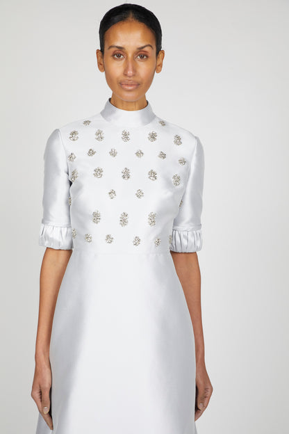SHIRRED SHORT SLEEVE TEXTURED MIKADO DRESS WITH EMBROIDERED BODICE