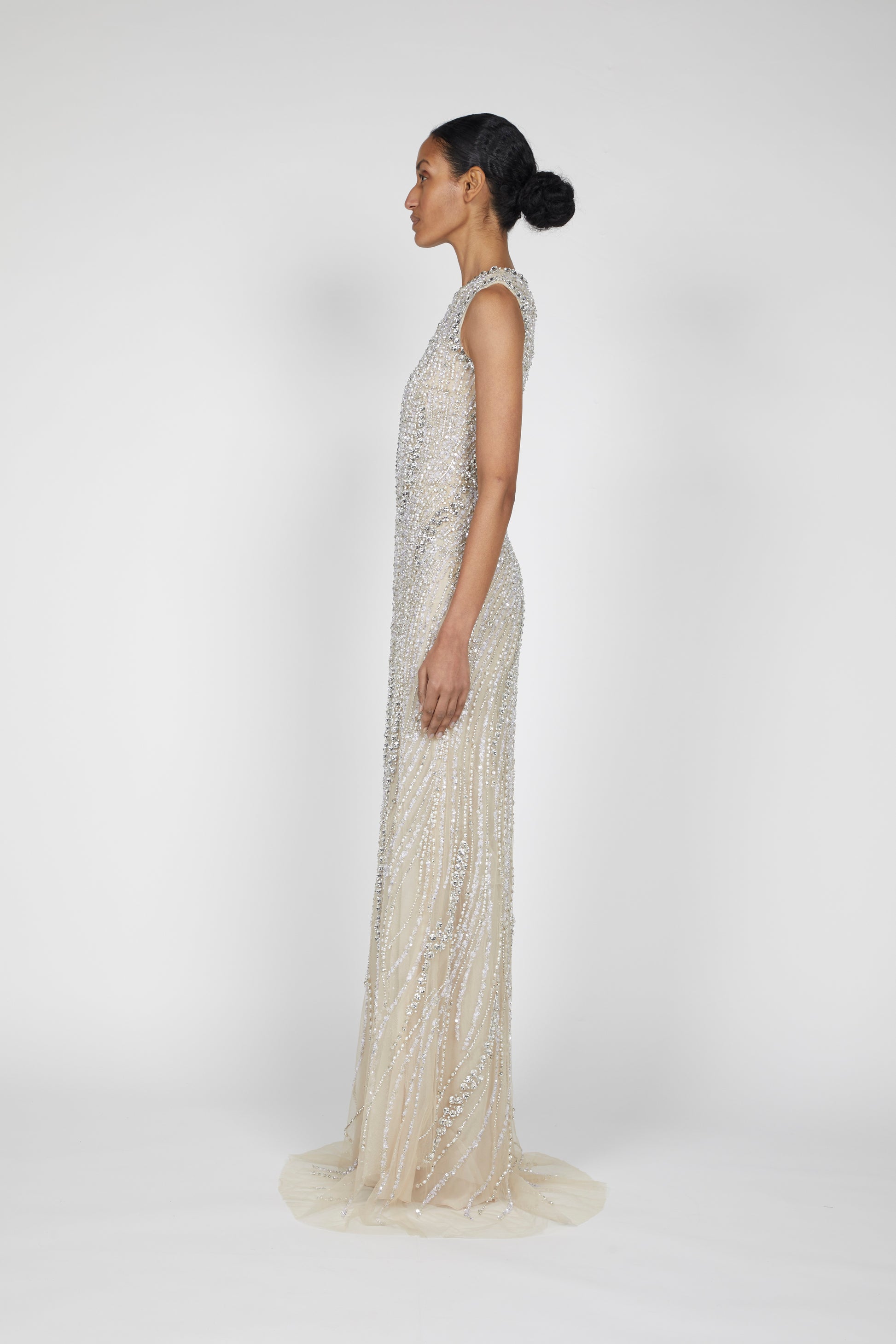 SLEEVELESS CRYSTAL AND PEARL EMBROIDERED GOWN ReemAcra SLEEVELESS CRYSTAL AND PEARL EMBROIDERED GOWN ReemAcra
