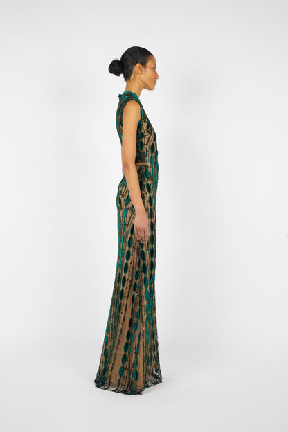 PRE-ORDER GEROMETRIC BEADED SILK VELVET GOWN | OCTOBER DELIVERY