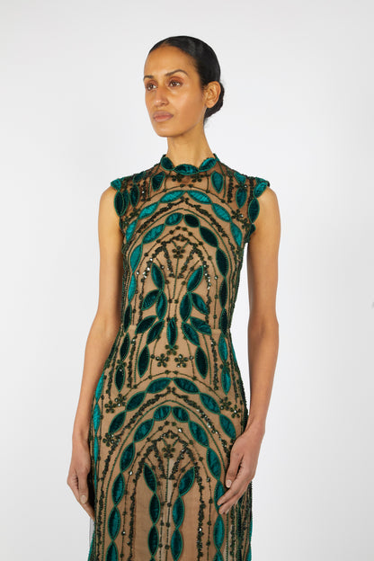 PRE-ORDER GEROMETRIC BEADED SILK VELVET GOWN | OCTOBER DELIVERY