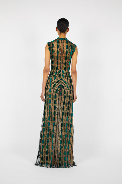 PRE-ORDER GEROMETRIC BEADED SILK VELVET GOWN | OCTOBER DELIVERY