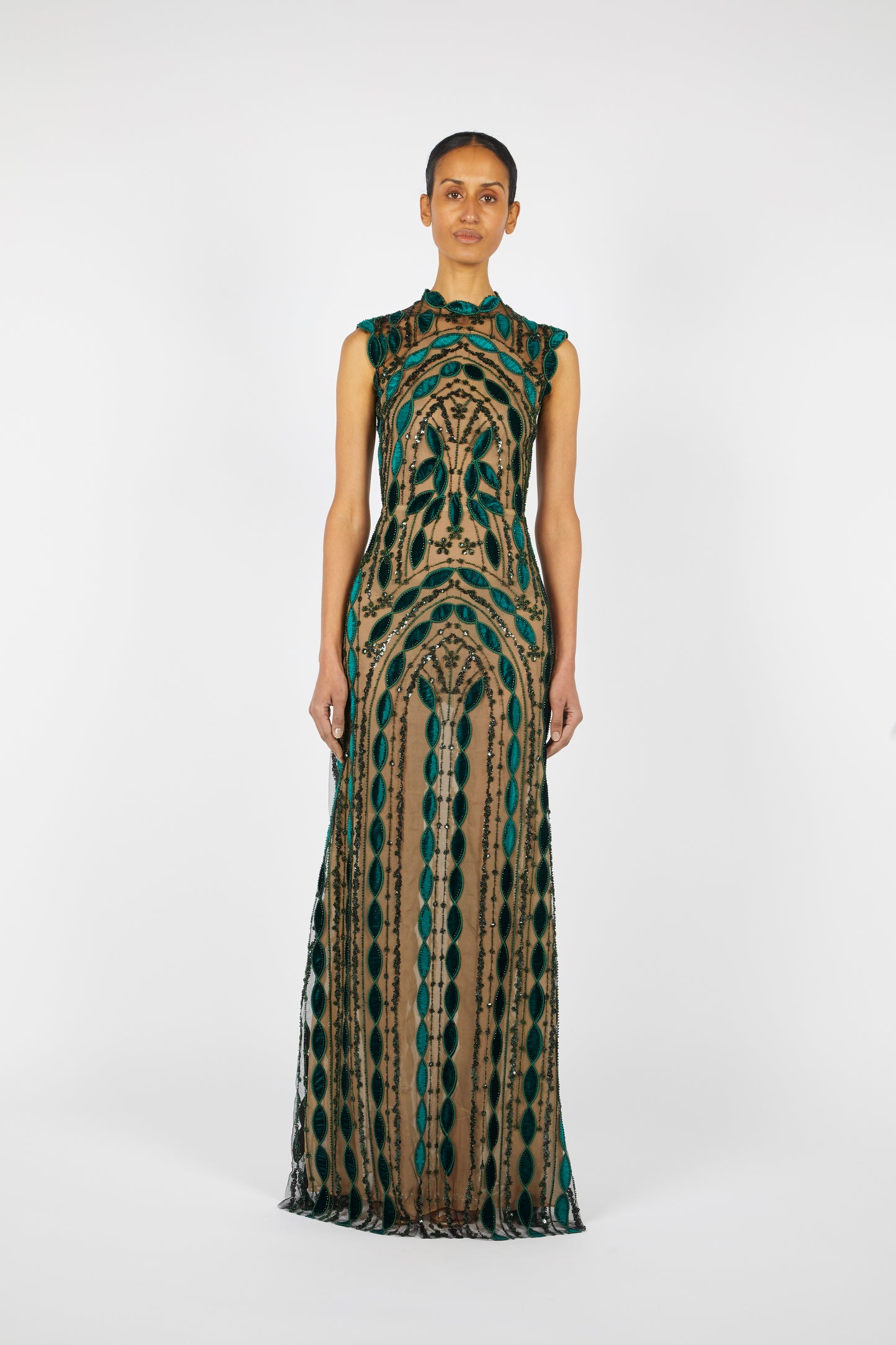 PRE-ORDER GEROMETRIC BEADED SILK VELVET GOWN | OCTOBER DELIVERY