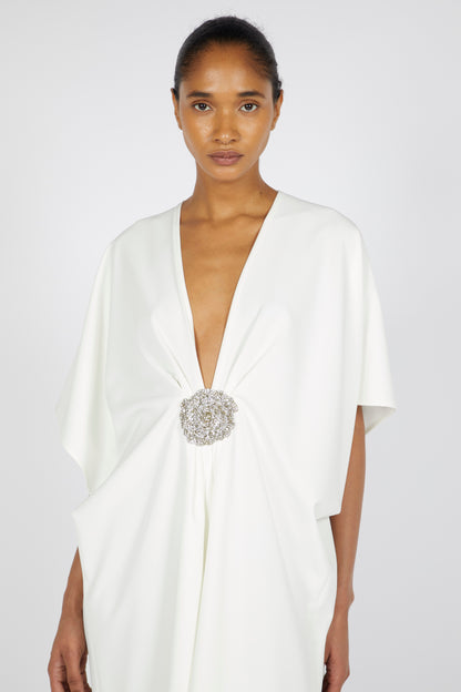 V-NECK MIDI CREPE KAFTAN WITH DRAPED SLEEVES AND EMBROIDERED FLORAL DETAIL