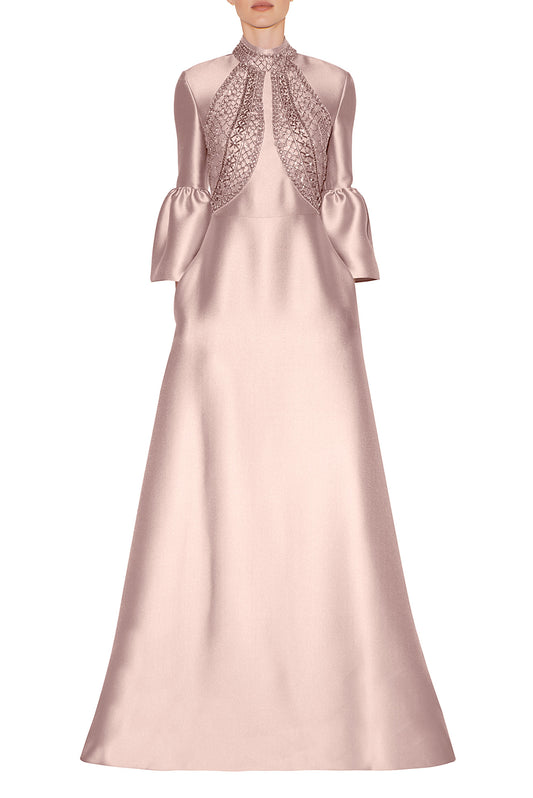 CROPPED BELL SLEEVE, TURTLENECK DRESS WITH EMBROIDERED BODICE
