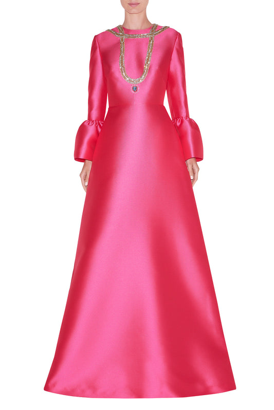 LONG BELL SLEEVE DRESS WITH EMBROIDERED NECKLACE DETAIL