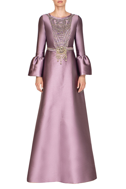 LONG BELL SLEEVE DRESS WITH EMBROIDERED NECKLACE AND BELT DETAIL