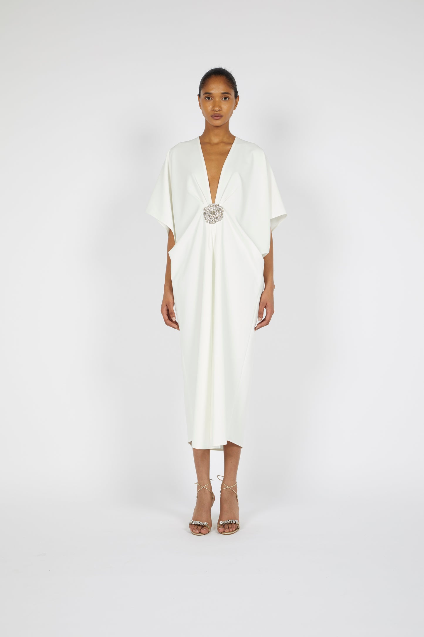V-NECK MIDI CREPE KAFTAN WITH DRAPED SLEEVES AND EMBROIDERED FLORAL DETAIL