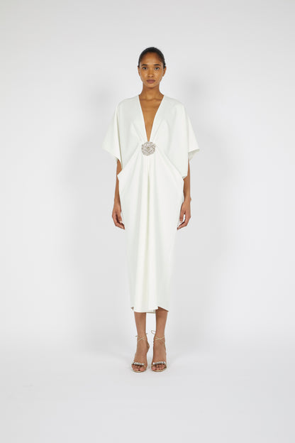 V-NECK MIDI CREPE KAFTAN WITH DRAPED SLEEVES AND EMBROIDERED FLORAL DETAIL