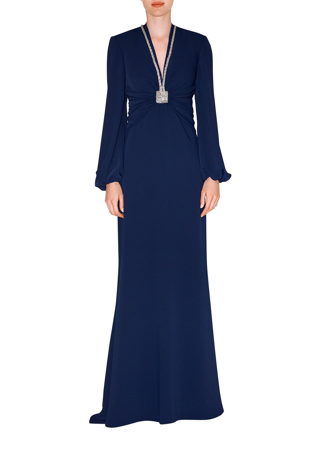 LONG BLOUSON SLEEVE, PLUNGING V-NECK DRESS WITH CRYSTAL NECKLACE DETAIL