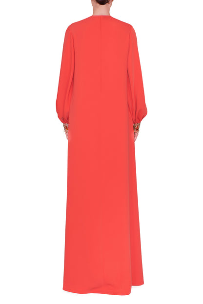 BLOUSON SLEEVE DEEP V-NECK DRESS WITH EMBROIDERED CUFF AND NECK DETAIL