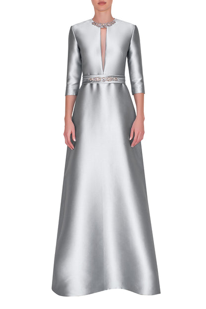SLIM ELBOW SLEEVE, PLUNGING V-NECK DRESS WITH EMBROIDERED BELT AND NECKLINE