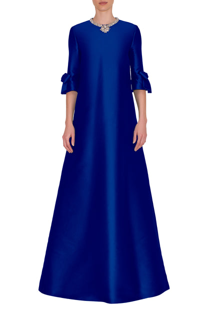 ELBOW BELL SLEEVE DRESS WITH BOW AND EMBROIDERED NECKLINE