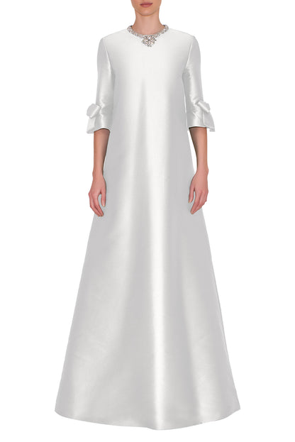 ELBOW BELL SLEEVE DRESS WITH BOW AND EMBROIDERED NECKLINE