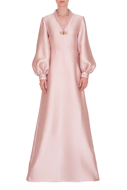BLOUSON SLEEVE, V-NECK DRESS WITH EMBROIDERED NECKLACE DETAIL
